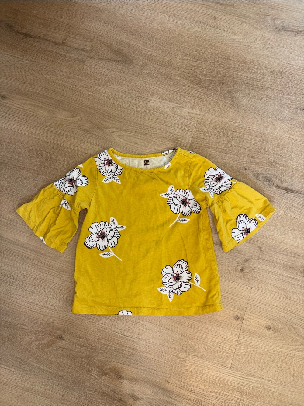 Tea Collection Girls' Mustard Yellow Floral Bell-Sleeve Tee
